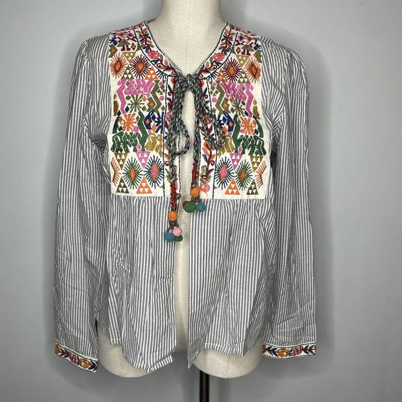 Boho Blouse Womens Medium Blue Striped Embroidery Open Front Top Farmhouse NWT - Picture 1 of 15